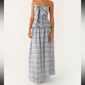 WORN ONCE Peppermayo Blue and White Plaid Strapless Maxi Dress